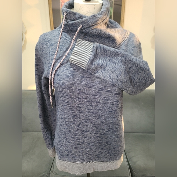 Columbia Womens Heathered Blue Asymmetrical Cowl Neck Sweatshirt Striped Trim - Picture 4 of 9